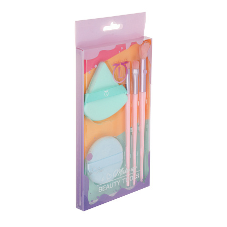 Набор для визажа 5 шт (спонжи 2 шт, кисти 3 шт) тм ЮНИLOOK, ЭВА, ПУ, пластик, нейлон, 3 цвета