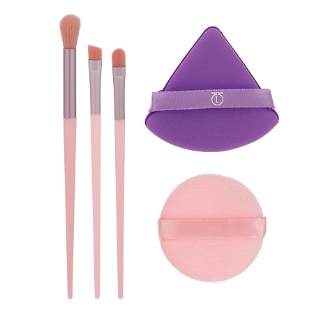 Набор для визажа 5 шт (спонжи 2 шт, кисти 3 шт) тм ЮНИLOOK, ЭВА, ПУ, пластик, нейлон, 3 цвета