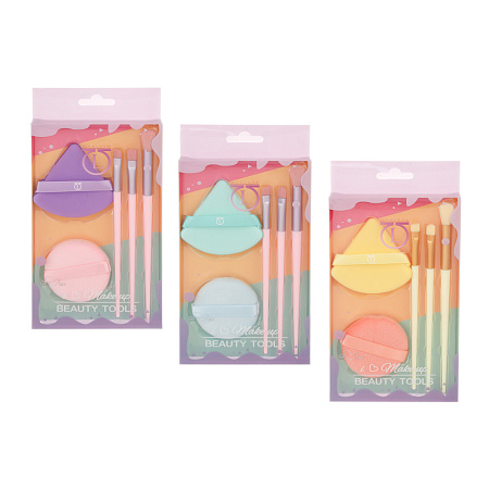 Набор для визажа 5 шт (спонжи 2 шт, кисти 3 шт) тм ЮНИLOOK, ЭВА, ПУ, пластик, нейлон, 3 цвета