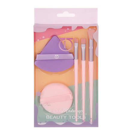 Набор для визажа 5 шт (спонжи 2 шт, кисти 3 шт) тм ЮНИLOOK, ЭВА, ПУ, пластик, нейлон, 3 цвета